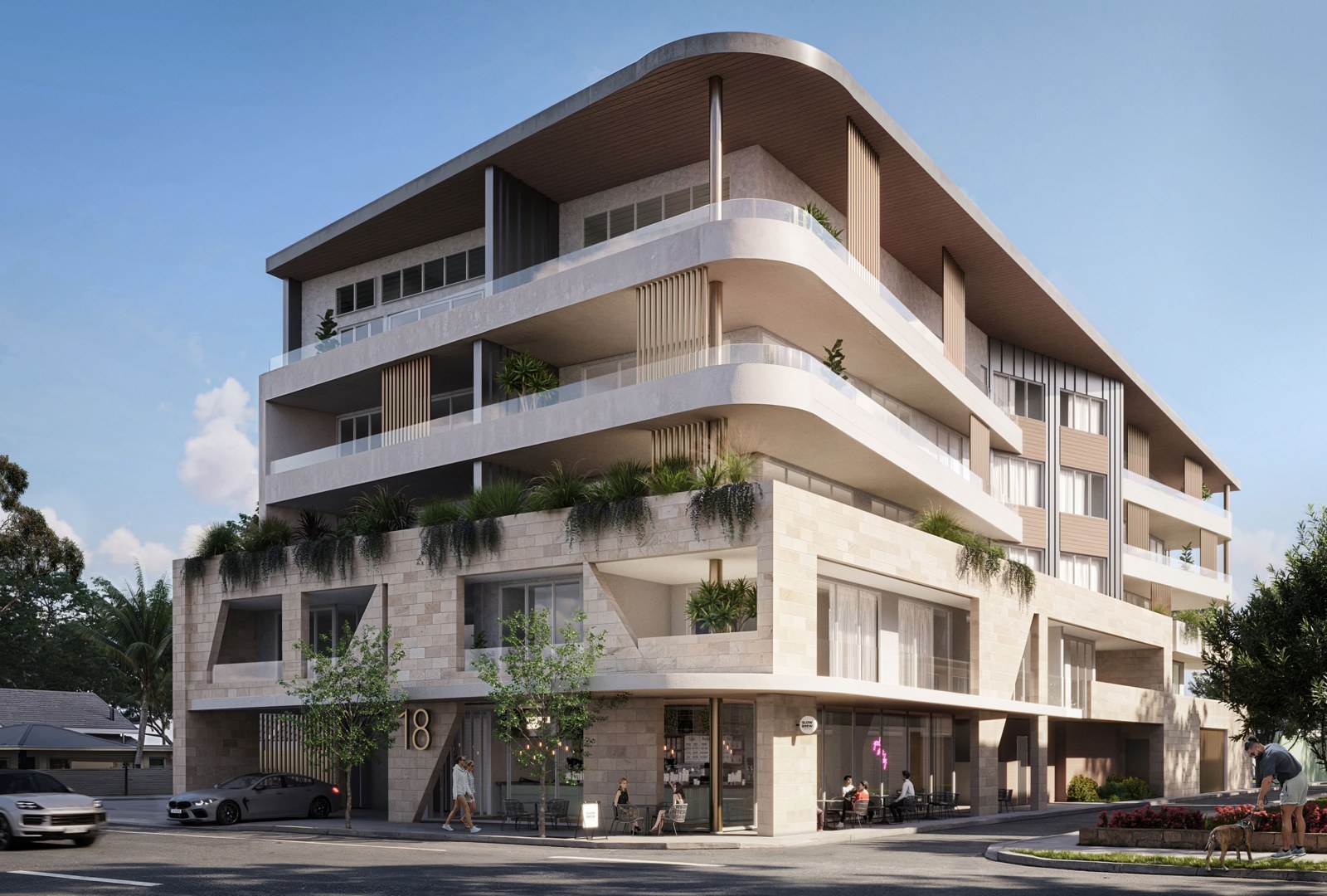Street-level render of The Jewel apartment building at 18 Soldiers Point Road